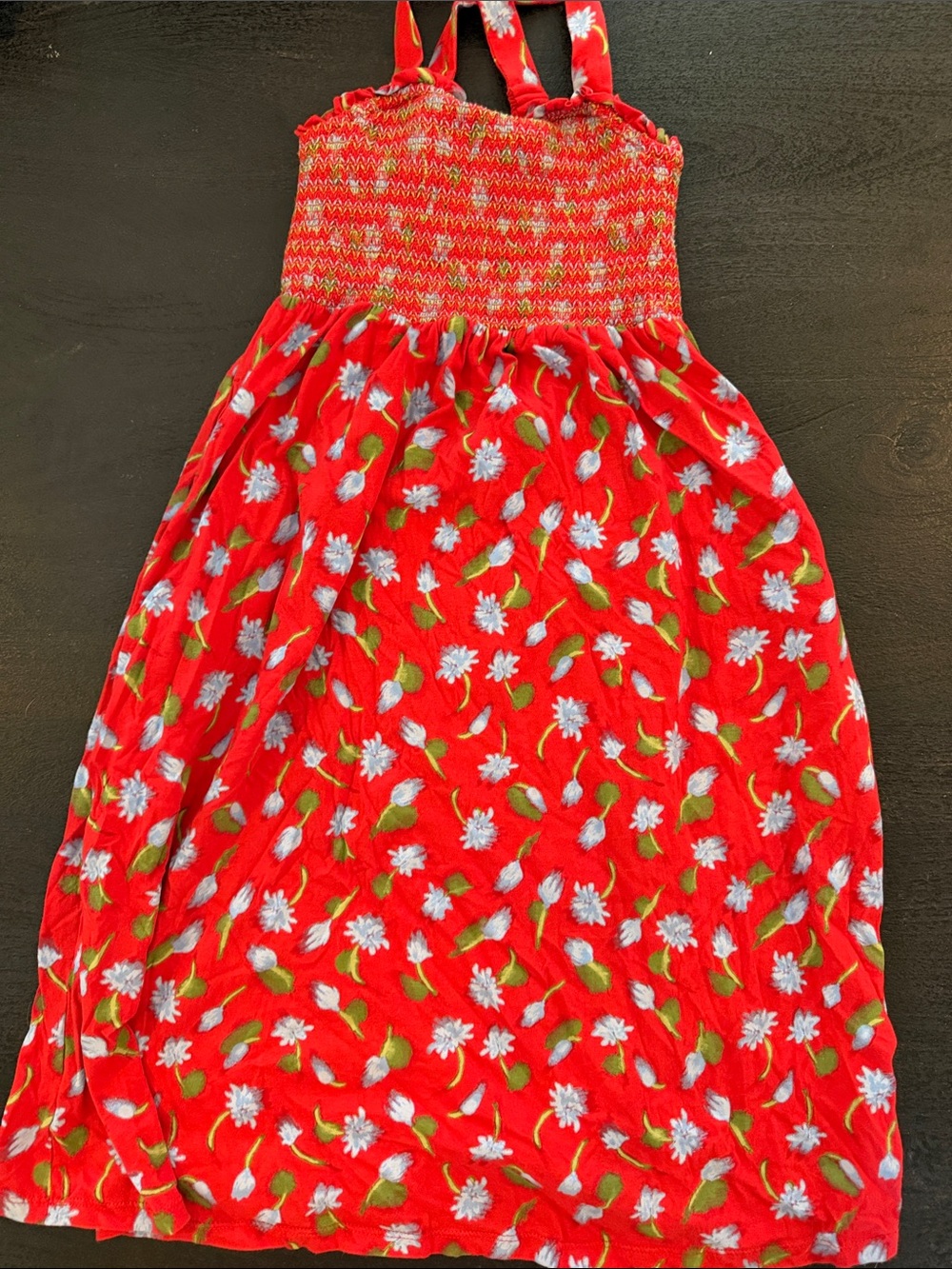 Crewcuts Red Floral Smocked Sundress with Blue Blossoms